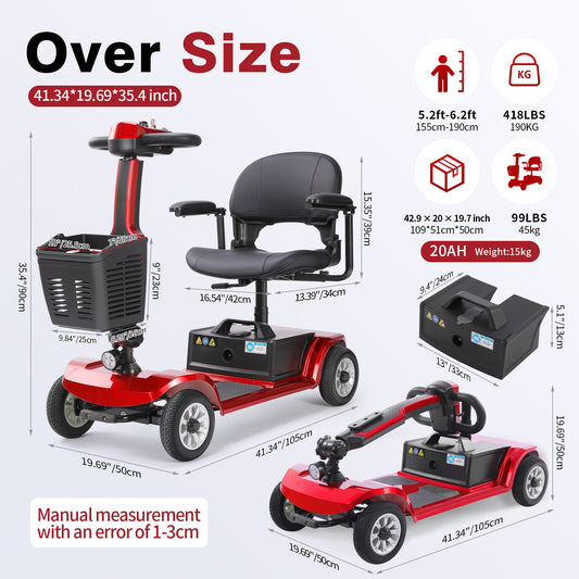 HKM-711507 4-Wheel Electric Mobility Scooter, 419 Lbs Load Capacity, 21.7 Miles Range, 3.73 mph Speed 40Ah 24V Battery 250W Motor - Red