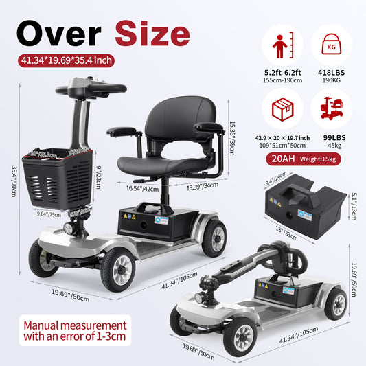 HKM-711507 4-Wheel Electric Mobility Scooter, 419 Lbs Load Capacity, 21.7 Miles Range, 3.73 mph Speed 40Ah 24V Battery 250W Motor - Silver