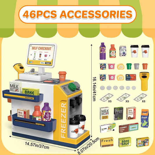 KTX-078291 46-Piece Kids Grocery Store Play Set with Cash Register and Scanner for Creative Pretend Play