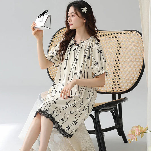 HKM-394707 2024 Summer Cotton Girls Nightgowns Lady Pajamas Sets for Women Short-sleeved Nightdress