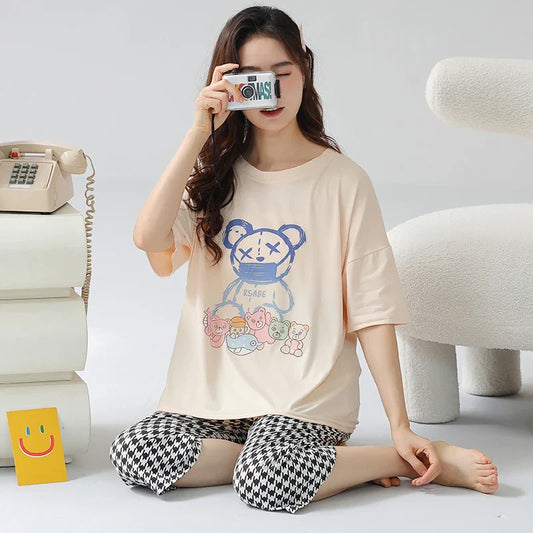 HKM-444435 2pcs Pajamas for Women Set Summer Short Sleeves Seven-point Pants Night Wear Suit Soft Cotton Comfortable Women's Sleepwear