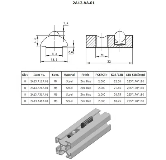 KTX-361427 Steel Half Round Spring Ball T Slot Nut M4 M5 M6 M8 for 30 40 Aluminium Profile