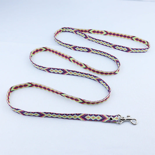 HKM-0012733 Ethnic Style Woven Dog Collar with 120cm Traction Rope - Durable Polyester Material
