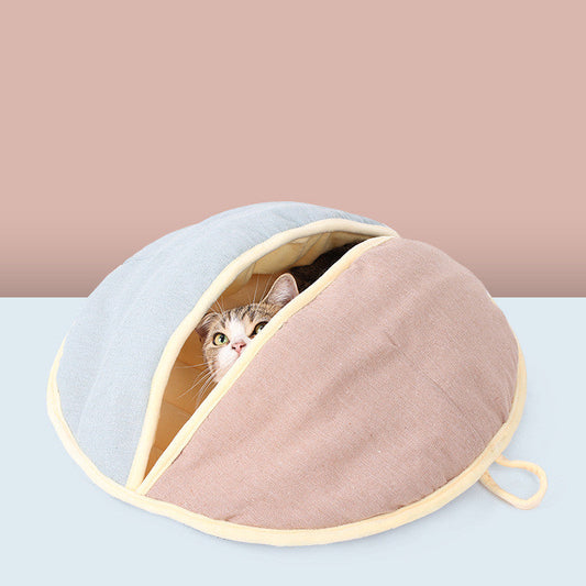 HKM-0016573 Cozy Round Cotton and Linen Pet Nest for Cats and Small Dogs - Warm Semi-Enclosed Design