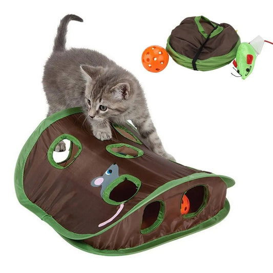 HKM-002451 Interactive Cat Toy with 9-Hole Tunnel for Hide and Seek Fun - Durable Canvas Design