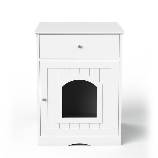 HKM-0085693 Wooden Cat Litter Box House with Drawers and Side Table, Indoor Pet Cage, White finish