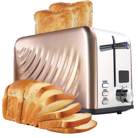 HKM-010899 Compact Electric Stainless Steel Toaster with Extra Wide Slots and LED Display for 2 Slices