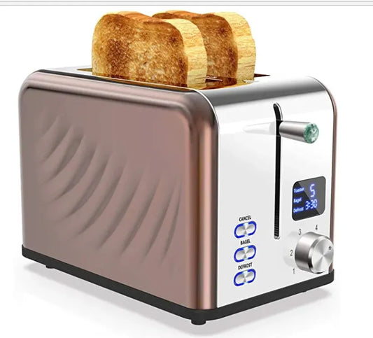 HKM-010899 Compact Electric Stainless Steel Toaster with Extra Wide Slots and LED Display for 2 Slices