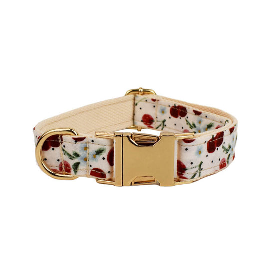 HKM-0116285 Red Cherry Pet Collar and Leash Set with Cute Bow and Gold Release Buckle, Five-Piece Accessory Kit