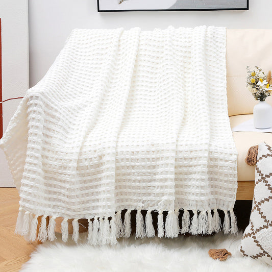 HKM-014611 Nordic Solid Color Knitted Wool Blanket with Tassels – Available in 130x172cm & 130x240cm Sizes