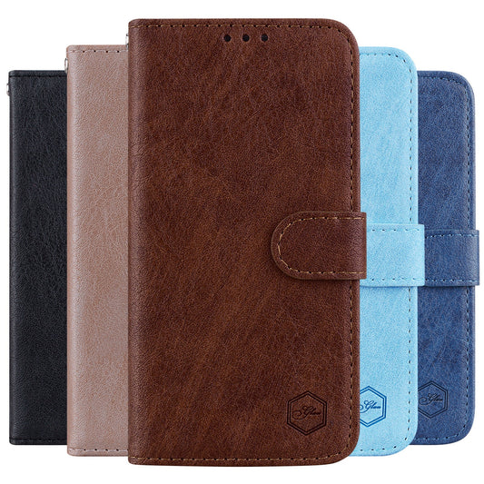 HKM-015699 Lightweight Oil Leather Flip Phone Case with Card Slot - Available in Various Colors
