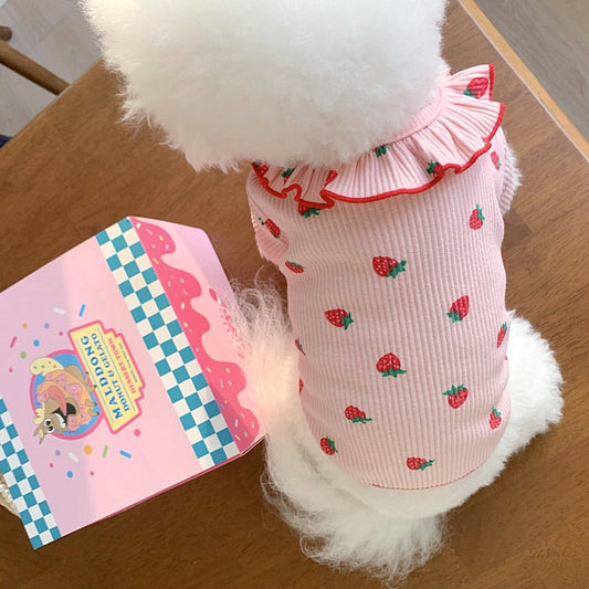 HKM-0202173 Casual Pet Strawberry Bottoming Shirt in White, Strawberry, and Pink - Size XS to XL
