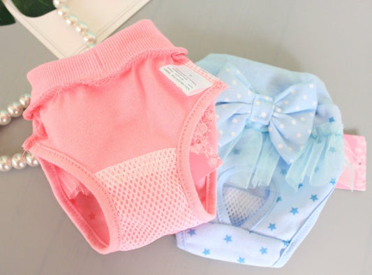 HKM-0207933 Bichon Poodle Canine Menstrual Panties in Denim with Mesh Bow - Pink & Blue Options Available
