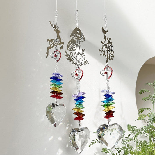 HKM-021331 Elk Rainbow Wind Chimes - Handmade Crystal Courtyard Decoration 31cm