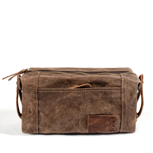 HKM-022419 Waterproof Canvas and Cowhide Leather Men's Toiletry Handbag 23cm x 8.5cm x 13cm