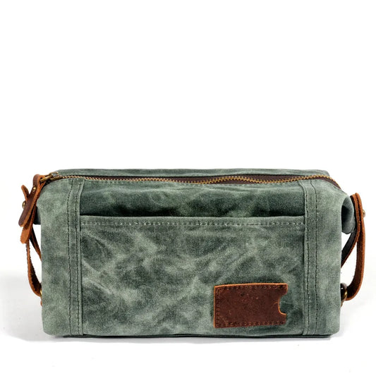 HKM-022419 Waterproof Canvas and Cowhide Leather Men's Toiletry Handbag 23cm x 8.5cm x 13cm