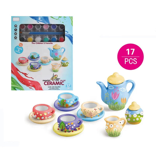 HKM-023315 Color Your Imagination with This 17-Piece Ceramic DIY Tea Set for Kids