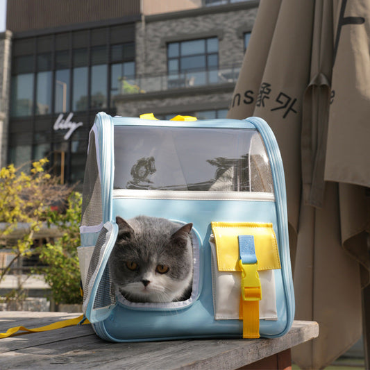HKM-0269373 Transparent Portable Backpack for Cats - Breathable PVC Travel Bag in Orange and Blue