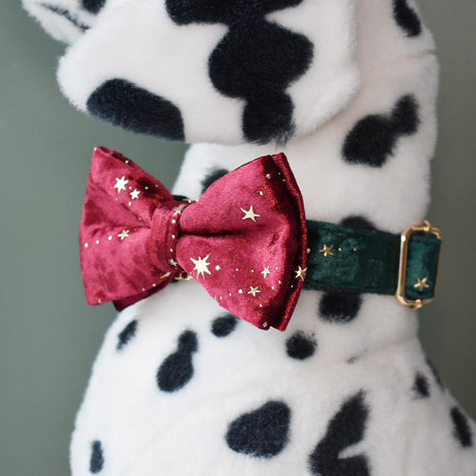 HKM-0274877 Burgundy Star Flannel Dog Collar, Leash, and Bow Tie Set