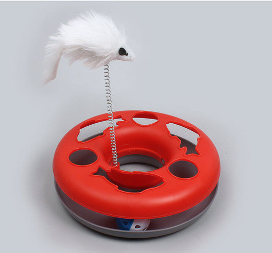 HKM-0300733 Colorful Round Cat Play Tray with Spring-Activated Mouse Toy, 23cm Diameter, Various Colors