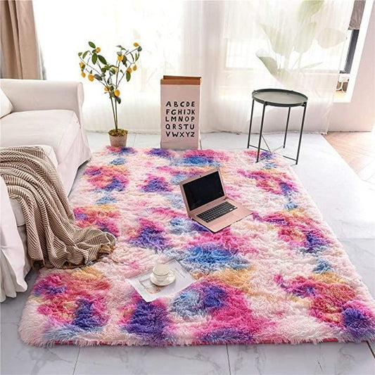 HKM-031635 Tie-Dye Gradient Color Printed Rectangle Silk Wool Carpet - 100% Polyester Fiber, Hand Washable