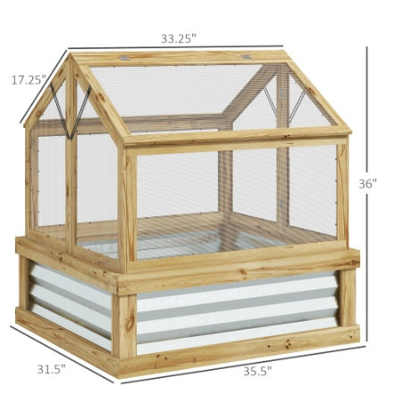 HKM-0320829 Wooden Raised Garden Bed with Polycarbonate Greenhouse, 35.5" x 31.5" x 36", Natural Finish