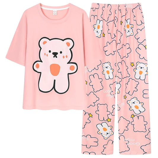 HKM-034259 Cartoon Ladies Night Wear Suits Sleep Wear Two-piece Cotton Comfortable Women Short Sleeved Trousers Pajamas Sets