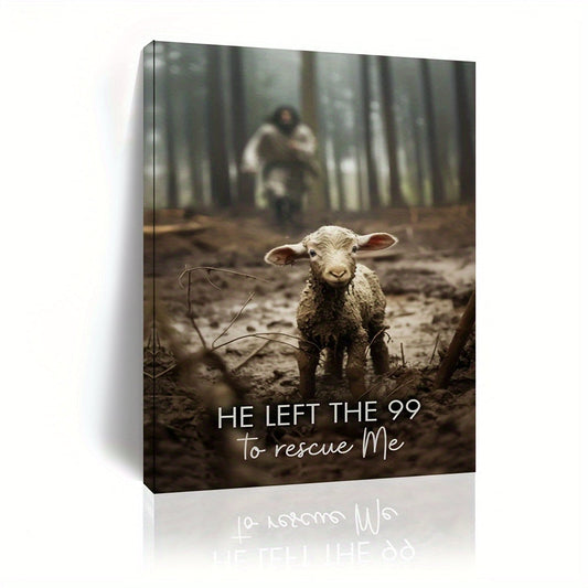 HKM-034963 Framed Canvas Art: He Left 99 Sheep to Save Me - Christian Wall Decor for Living Room and Bedroom