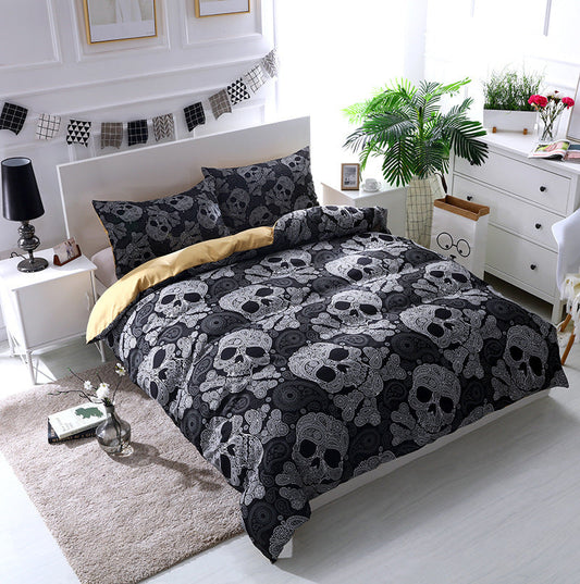 HKM-037971 Watercolor Flower Skull 3-Piece Bedding Set with Duvet Cover and Pillowcases