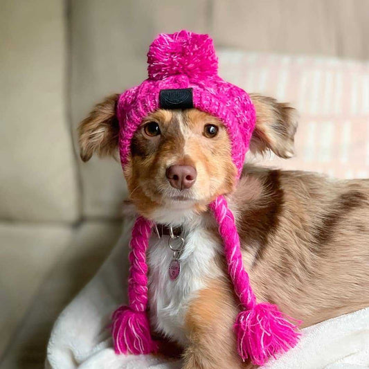 HKM-0387517 Warm and Windproof Fluffy Dog Knitting Hat - Acrylic Fashion Style in Pink and Gray