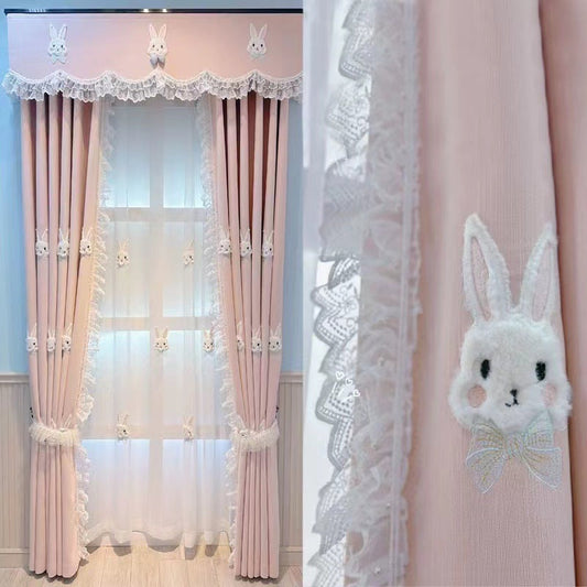 HKM-040019 Plush Pink Rabbit Curtains for Children's Rooms with High Shading and Embroidery