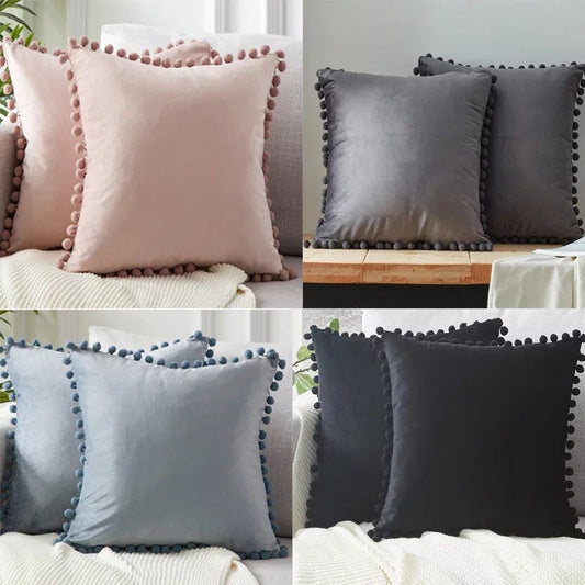 HKM-045459 Solid Color Velvet Ball Ball Lace Cushion Cover - Modern Plush Pillow Cases in Various Sizes and Colors