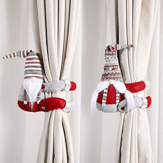 HKM-045779 Christmas Curtain Buckle - Non-Woven Fabric with Striped Hat Forest Design, 38cm Height, 26cm Width, Two Beard Styles Available
