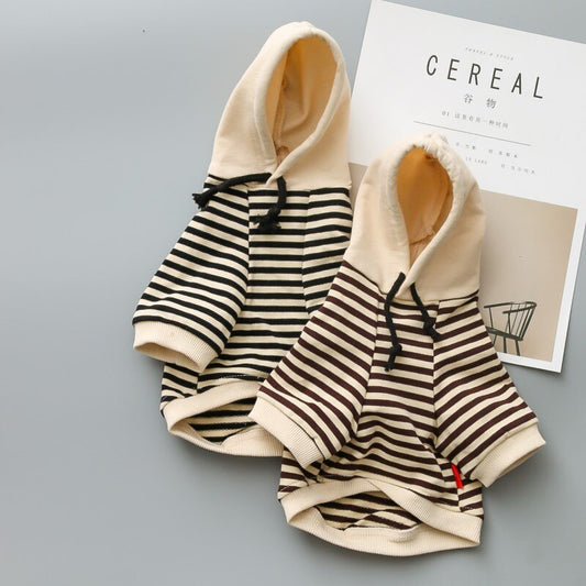 HKM-0458173 Hooded Terry Cotton Sweater for Pets in Black and Khaki Stripes, Various Sizes Available