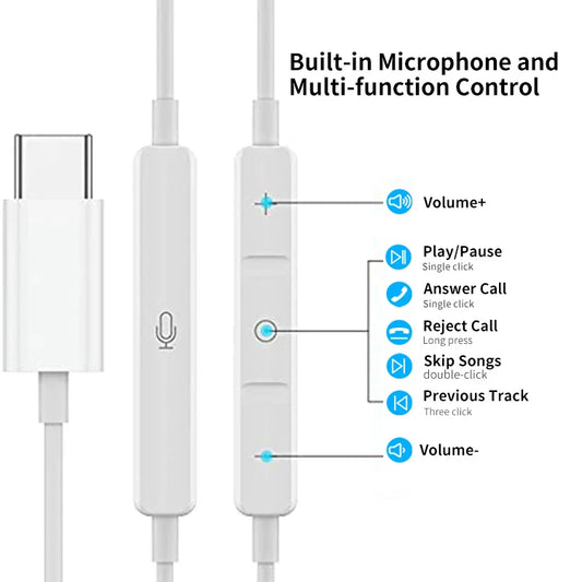HKM-049427 USB C Wired Earphones with Mic for iPhone 15, Samsung Galaxy, iPad Pro, OnePlus 9