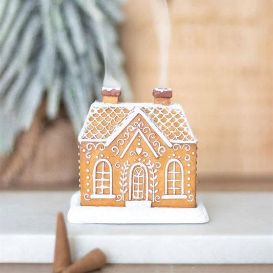 HKM-050131 Gingerbread Cottage Incense Burner with Christmas Snow Roof - Resin Design