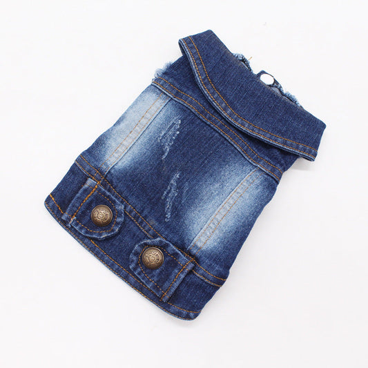 HKM-0554685 Vintage Denim Vest for Pets with Scratch Pattern, Customizable, Flexible Fit