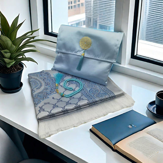 HKM-055699 Muslim Prayer Mat Set with Beads and Travel Bag - Washable Polyester Fiber, Modern Square Design