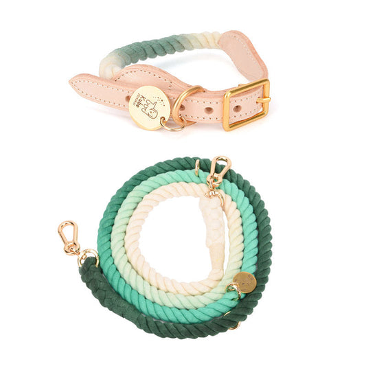 HKM-0619837 Multifunctional Rainbow Gradient Cotton Dog Traction Rope with Hand-Woven Collar Options