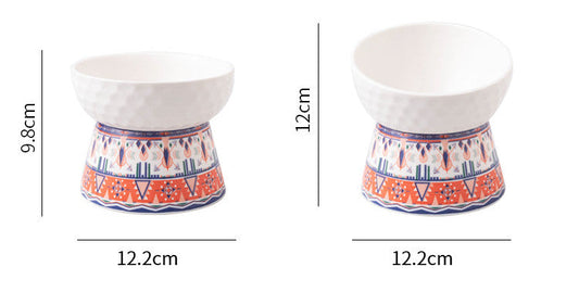 HKM-0639293 Ceramic Pet Bowl with High Foot Design in Bohemian Honeycomb Patterns