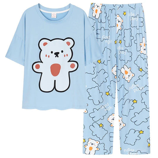 HKM-067027 New Thin Pajamas Casual Loose Short-sleeved Trousers Suit Summer Outerwear Cotton Home Service