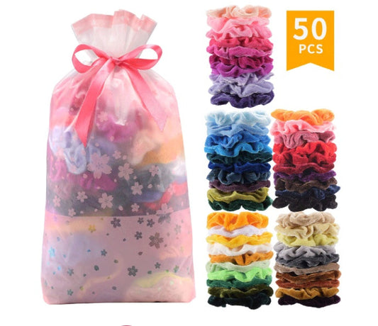 HKM-067219 Gold Velvet Hair Bands - 50 Piece Set with 10 cm Diameter for Stylish Hair Care