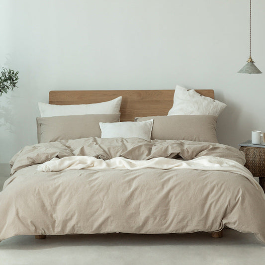 HKM-067475 Washed Cotton Four-Piece Bedding Set in Japanese Muji Style - Solid Color Options