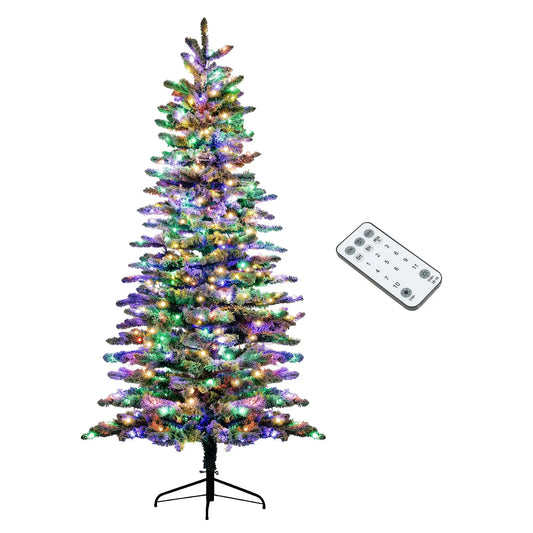 HKM-068243 7.5 ft Snow Flocked Pre-Lit Artificial Mountain Pine Christmas Tree with 500 LED Lights