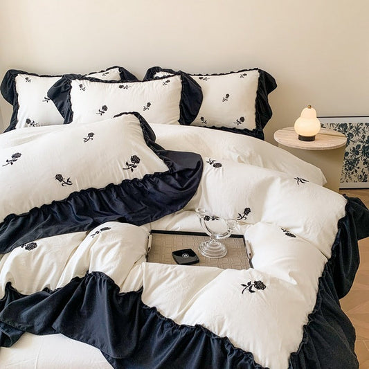 HKM-068947 Embroidered Floral Duvet Cover and Fitted Sheet Set - Various Sizes Available