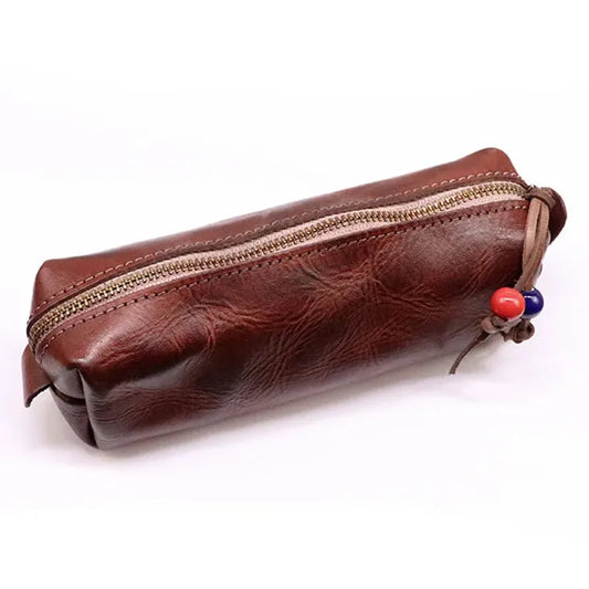 HKM-070995 Handmade Cowhide Large Capacity Zipper Storage Bag for Glasses and Accessories