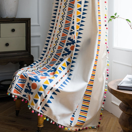 HKM-071635 Colorful Cotton and Linen Bohemian Style Printed Curtain with Geometric Fur Balls