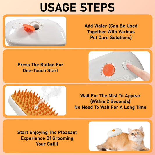 HKM-0760253 4-in-1 Cat and Dog Steam Brush with Mist Function, Anti-Static Shedding Comb, Water Spritz Grooming Tool for Indoor Use