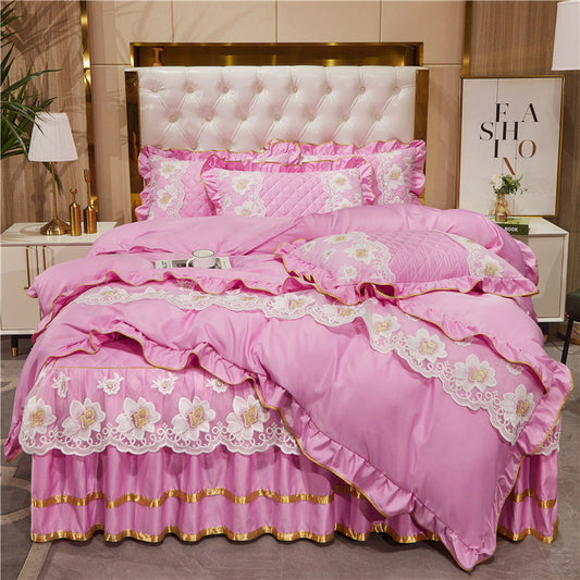 HKM-079827 Princess Style Lace Bed Skirt Tencel Four-Piece Bedding Set in Multiple Colors