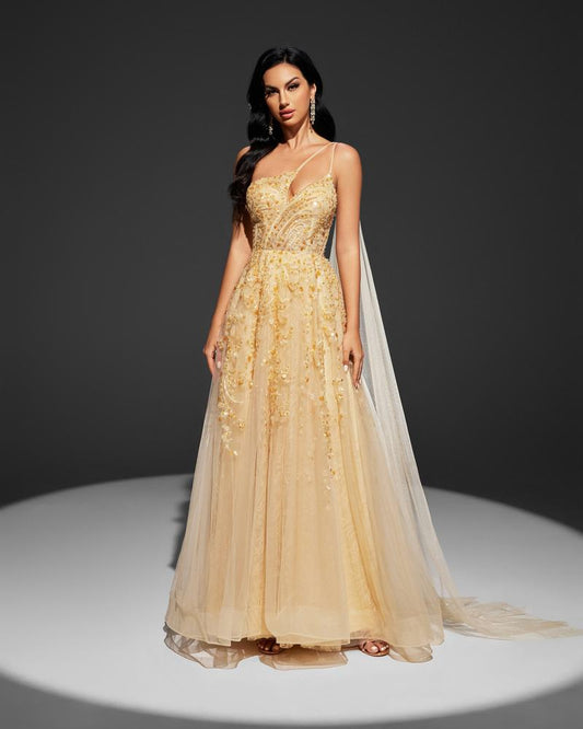 HKM-085139 Elegant Yellow Evening Gown for Women - Model EZ25003